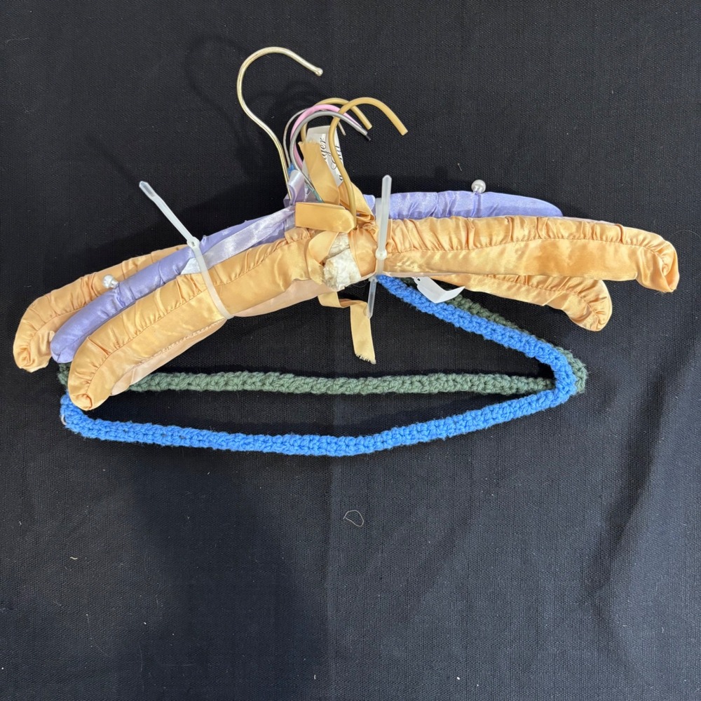 Vintage Padded Satin and Crochet Hangers Set of 5 Pink Gold Blue Green Purple